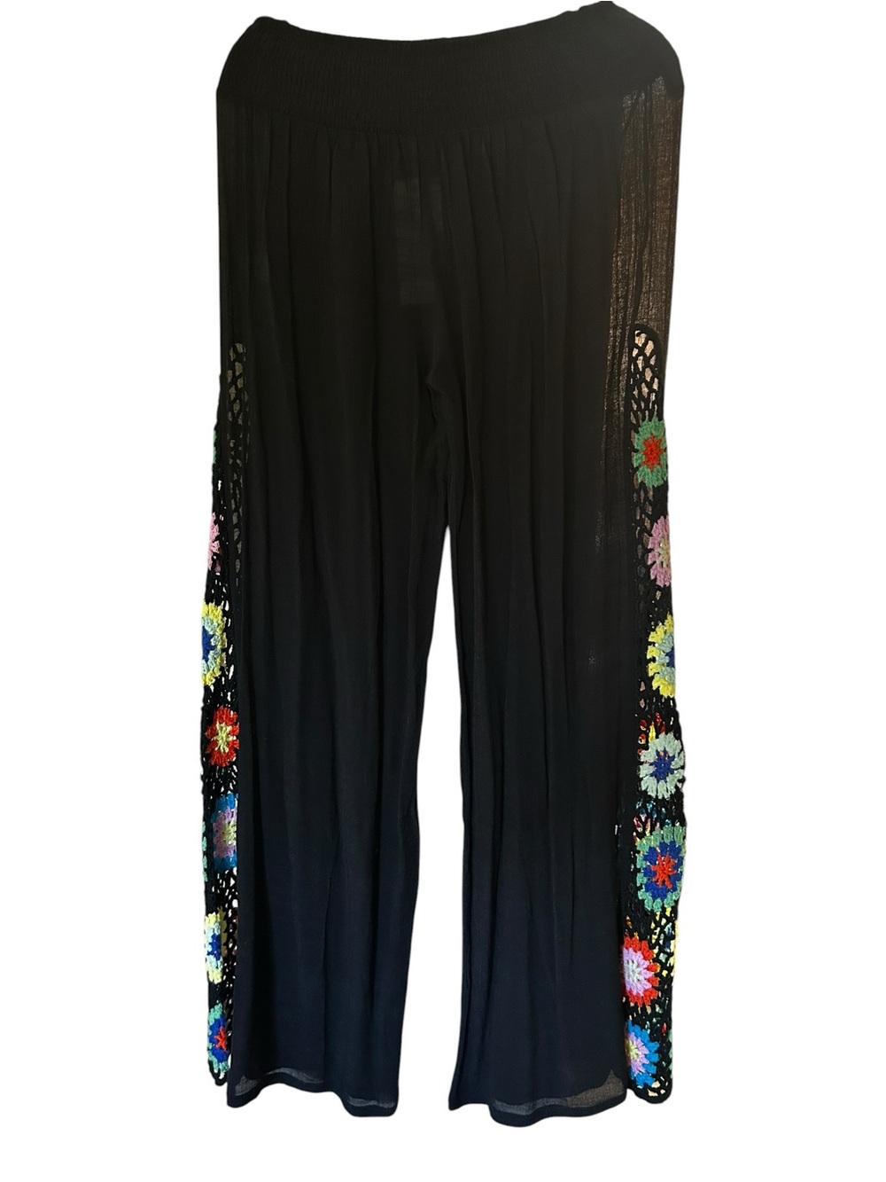 Elan Black Wide-Leg Pants with Vibrant Multicolor Crochet Panels NWT - Picture 11 of 11